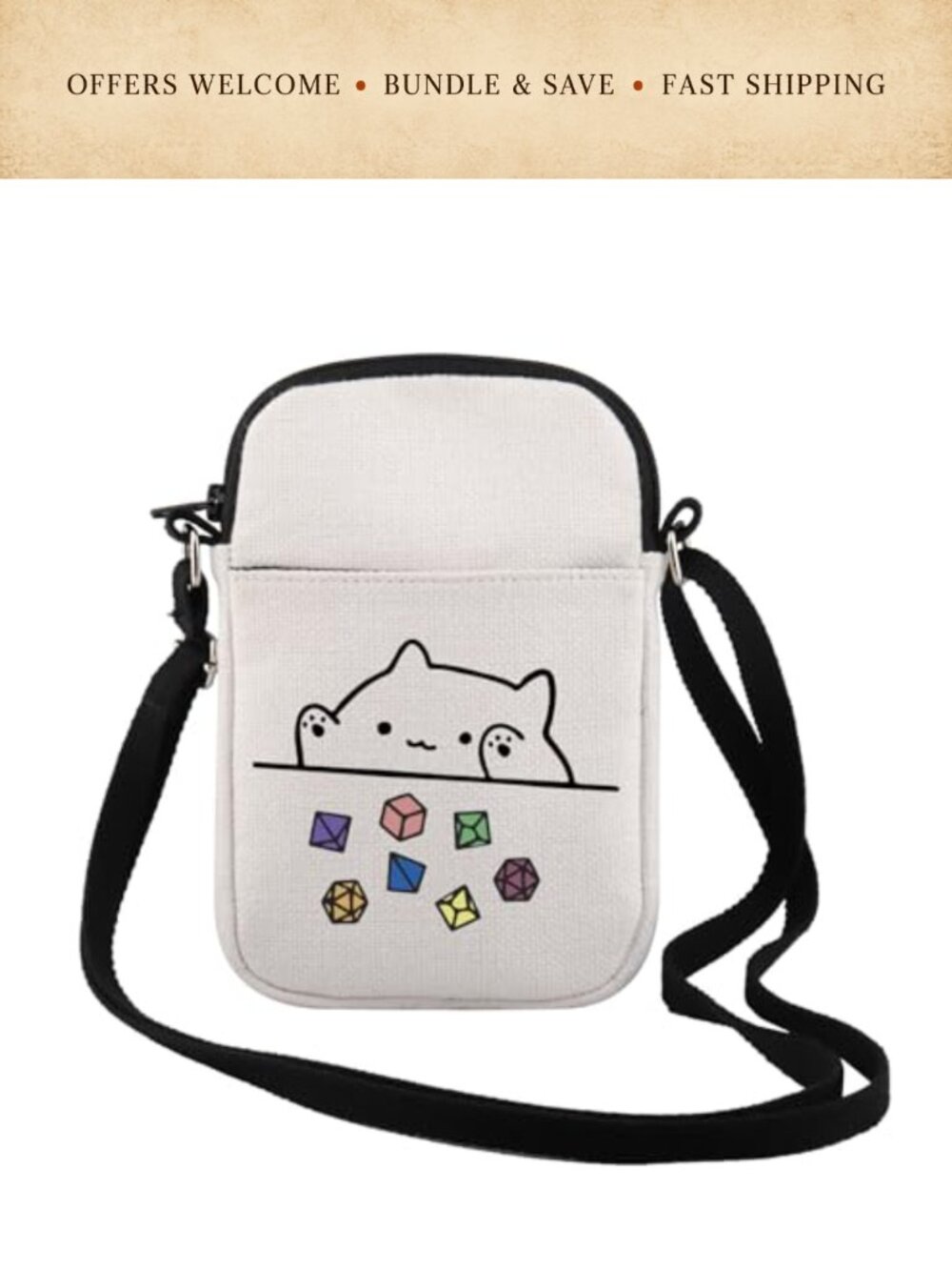 TSOTMO Cat Dice Crossbody Bag Zipper Pouch Canvas Adjustable Strap